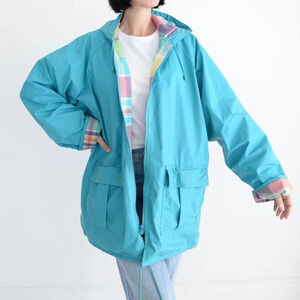 Vintage Sequence Teal Rain Jacket with Rainbow Lining Size  20